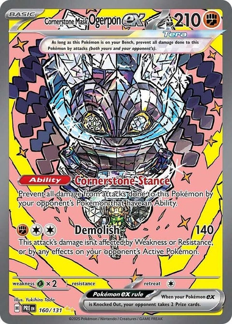 Pokémon Prismatic Evolutions Cornerstone Mask Ogerpon EX single card featuring vibrant artwork and detailed design.