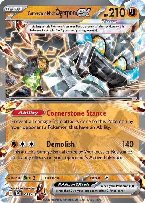 Pokémon Prismatic Evolutions Cornerstone Mask Ogerpon EX single card, featuring vibrant artwork of the Pokémon on a colorful background.