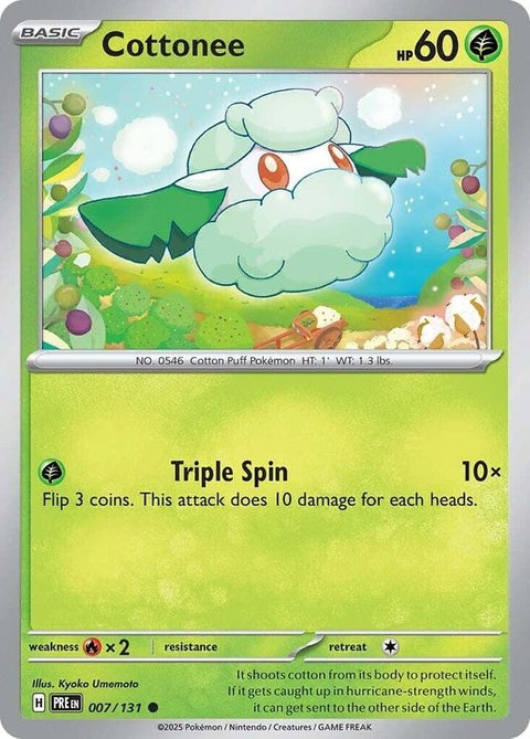 Pokémon Prismatic Evolutions Cottonee single card, colorful illustration featuring a small, fluffy cotton plant Pokémon.