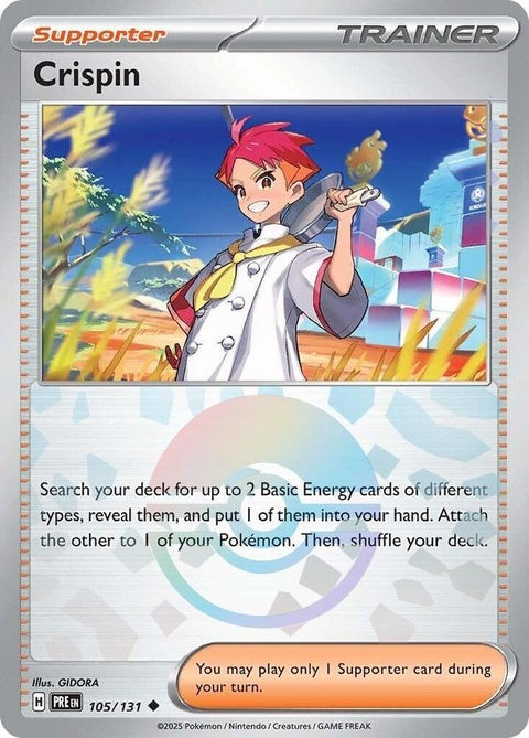 Pokémon Prismatic Evolutions Crispin 105 singles card featuring a Poke Ball pattern on the back, vibrant and colorful design.