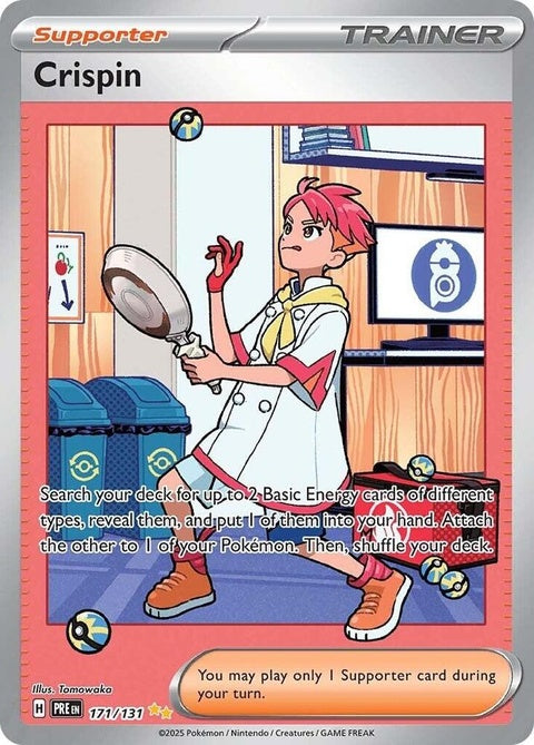 Pokémon Prismatic Evolutions Crispin 171 single card featuring vibrant artwork and branding on a Pokémon card.