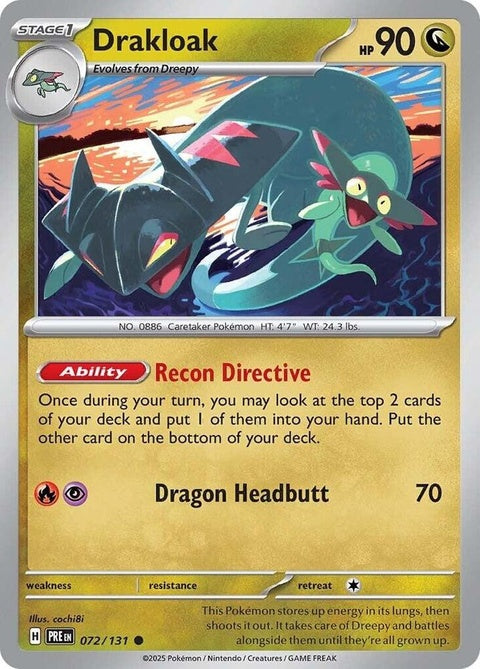 Pokémon Prismatic Evolutions Drakloak single card featuring artwork of the Dragon and Ghost-type Pokémon.