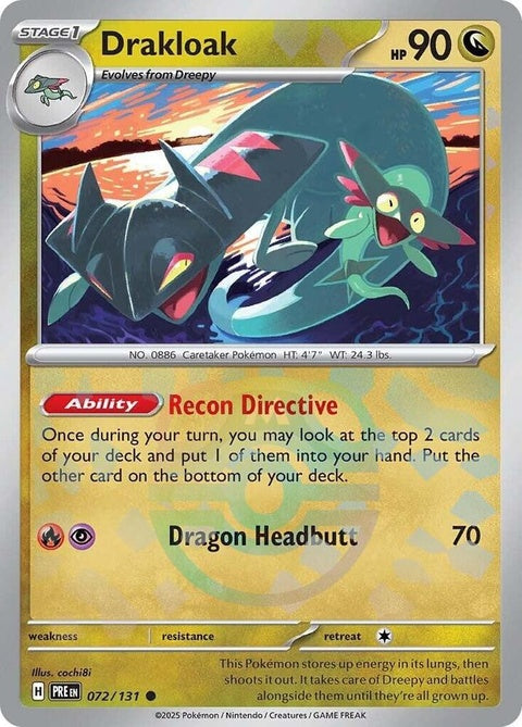 Pokémon Prismatic Evolutions Drakloak card with Master Ball pattern, featuring detailed artwork and vibrant colors.
