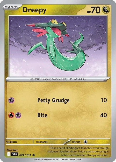 Pokémon Prismatic Evolutions Dreepy trading card from the Singles series, featuring colorful artwork and detailed design.