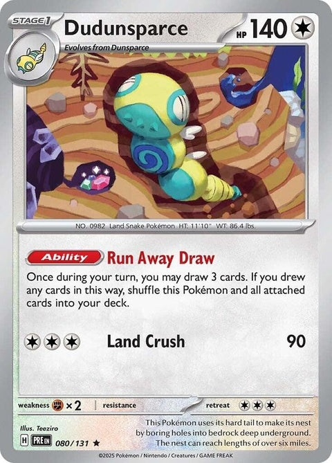Pokémon Prismatic Evolutions Dudunsparce single card, vibrant artwork, featuring Dudunsparce Pokémon from the Pokémon trading card game.