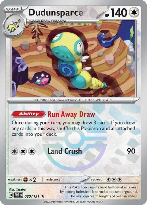 Pokémon Prismatic Evolutions Dudunsparce card with Poke Ball pattern, 80 HP, detailed artwork, singles trading card.