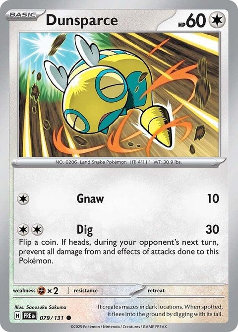 Pokémon Prismatic Evolutions Dunsparce card, single Pokémon trading card with colorful artwork and detailed illustration.