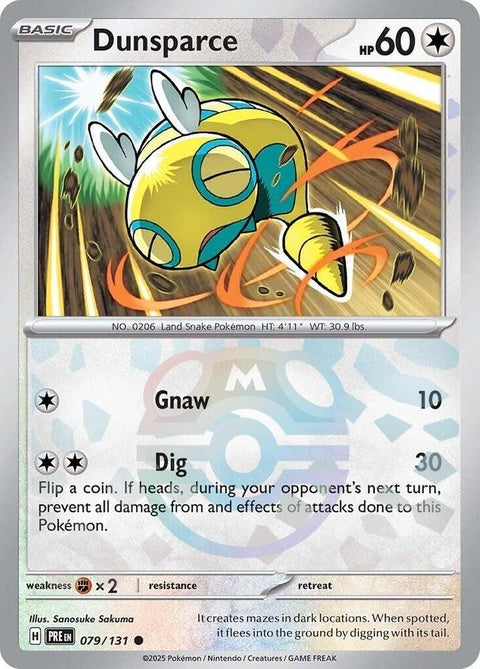 Prismatic Evolutions Dunsparce Pokémon card with Master Ball pattern, showcasing vibrant colors and detailed artwork.