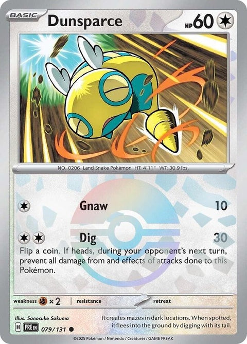 Pokémon Prismatic Evolutions Dunsparce card with Poke Ball pattern, featuring vibrant Pokémon artwork and collectible design.