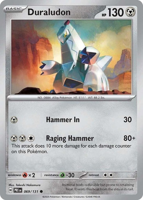 Pokémon Prismatic Evolutions Duraludon single card featuring a detailed illustration of the dragon and steel-type Pokémon.