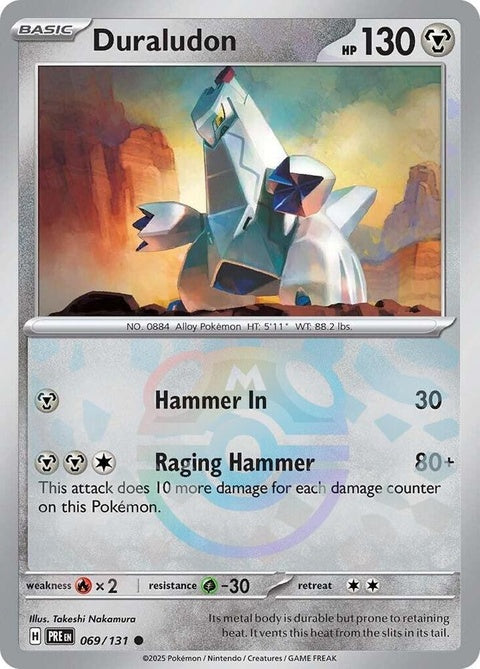 Duraludon Pokémon card from Prismatic Evolutions set with Master Ball pattern, featuring detailed artwork and vibrant colors.