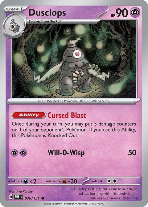 Prismatic Evolutions Dusclops Pokémon trading card featuring detailed artwork of the Ghost-type Pokémon in a dynamic pose.