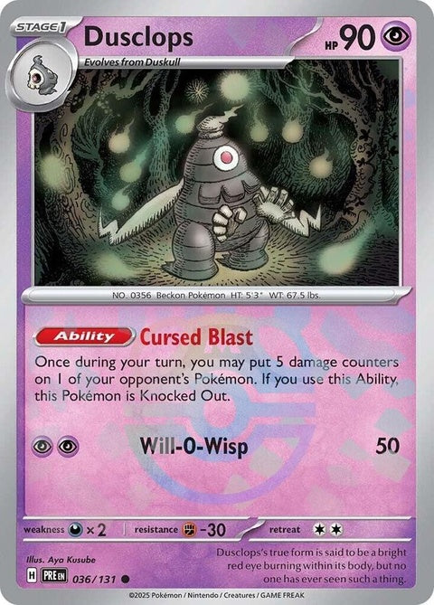 Pokemon Prismatic Evolutions Dusclops card with Master Ball pattern, featuring vibrant artwork and detailed design.