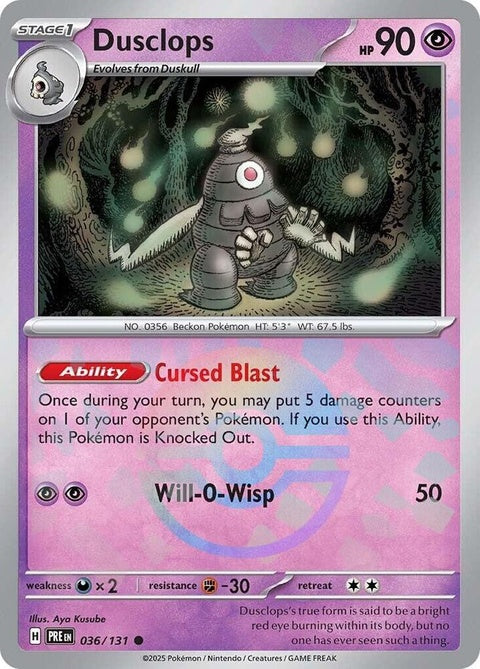 Prismatic Evolutions Dusclops Pokémon card with Poke Ball pattern, showcasing a single card design in the image.