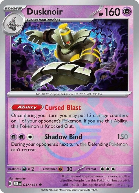 Pokémon Prismatic Evolutions Dusknoir card with Poke Ball pattern, featuring detailed artwork and vibrant colors.