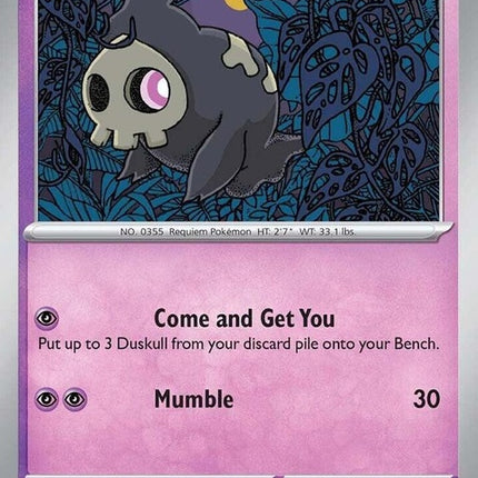 Pokemon Prismatic Evolutions Duskull 35 single card featuring Duskull in a colorful design from the Pokémon brand.