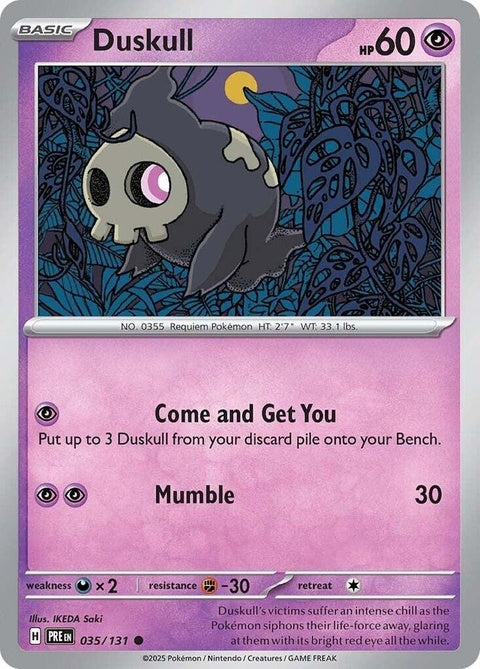 Pokemon Prismatic Evolutions Duskull 35 single card featuring Duskull in a colorful design from the Pokémon brand.