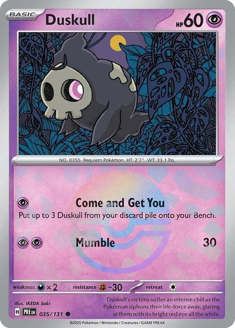 Duskull Pokémon card from Prismatic Evolutions set with Poke Ball pattern, featuring vibrant colors and detailed artwork.