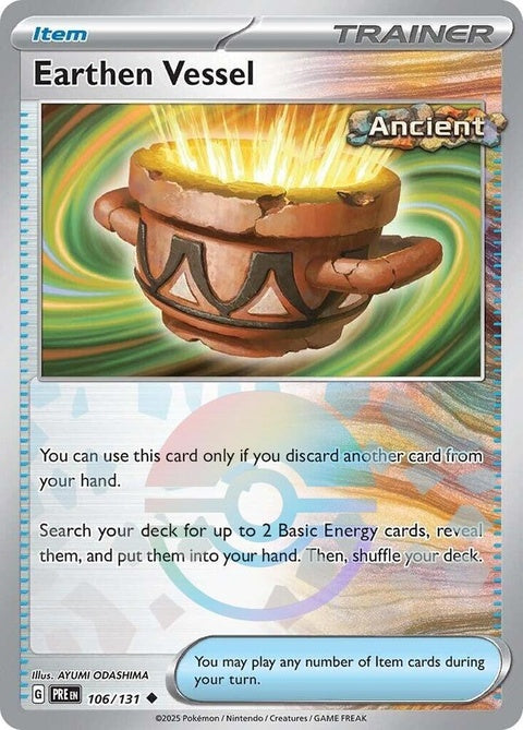 Pokémon Prismatic Evolutions Earthen Vessel single card with Poke Ball pattern, featuring vibrant artwork and collectible design.