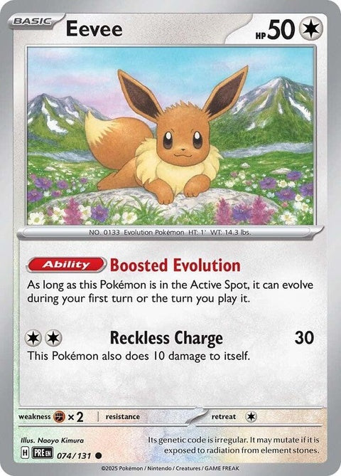 Pokémon Prismatic Evolutions Eevee single card featuring colorful artwork and branding, ideal for collectors and fans.