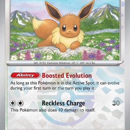 Eevee Pokémon card from Prismatic Evolutions set featuring a Master Ball pattern and vibrant, colorful design.
