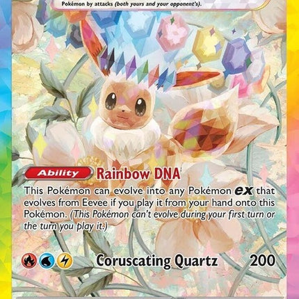 Pokémon Prismatic Evolutions Eevee EX card featuring vibrant prismatic artwork and detailed Pokémon branding.