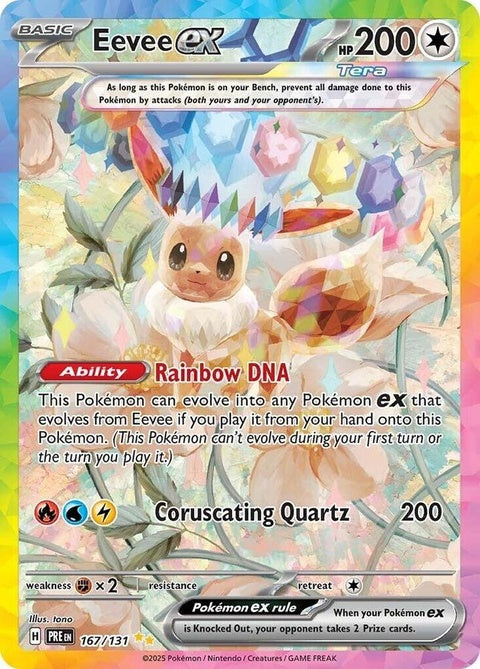 Pokémon Prismatic Evolutions Eevee EX card featuring vibrant prismatic artwork and detailed Pokémon branding.