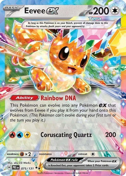 Pokémon Prismatic Evolutions Eevee EX card, vibrant artwork, featuring Eevee in a dynamic pose with colorful background.