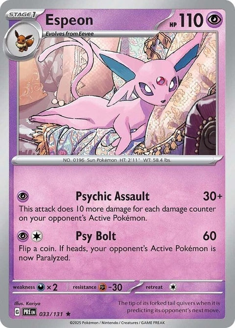 Pokémon Prismatic Evolutions Espeon 33 card featuring vibrant artwork of the Psychic-type Pokémon on a shiny background.