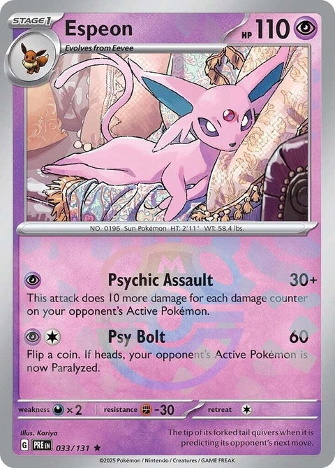 Prismatic Evolutions Espeon Pokémon card with Master Ball pattern, featuring vibrant colors and detailed artwork.