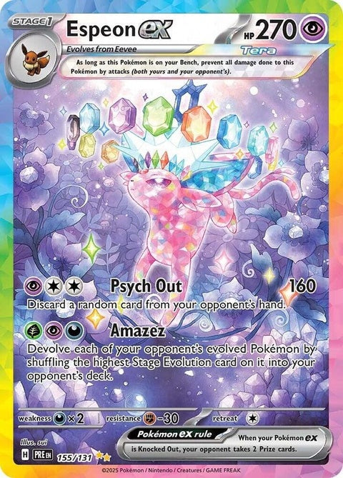 Pokémon Prismatic Evolutions Espeon EX trading card, featuring vibrant artwork and holographic design, single card from the Pokémon series.