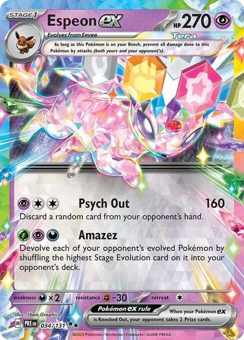 Pokémon Prismatic Evolutions Espeon EX single card featuring a vibrant illustration of the Psychic-type Pokémon.