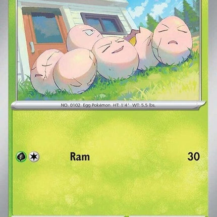 Pokémon Prismatic Evolutions Exeggcute single card featuring colorful artwork of six egg-like Pokémon in vibrant colors.