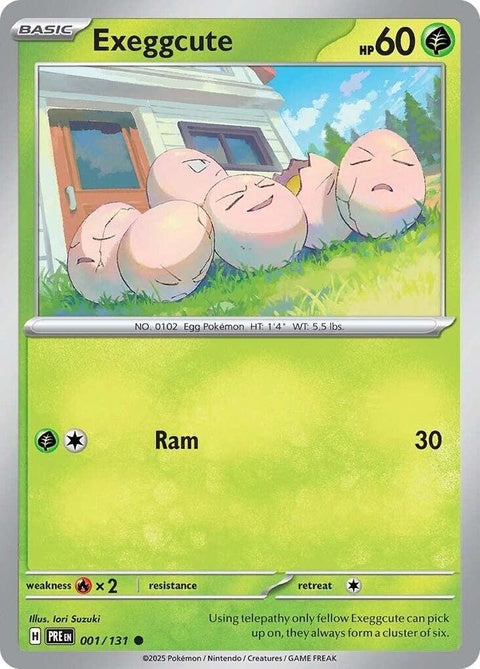 Pokémon Prismatic Evolutions Exeggcute single card featuring colorful artwork of six egg-like Pokémon in vibrant colors.