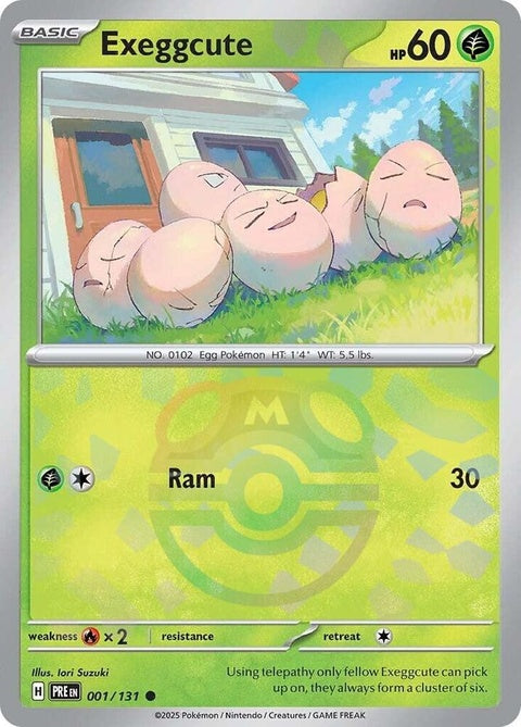 Pokémon Prismatic Evolutions Exeggcute single card featuring a Master Ball pattern on the background.