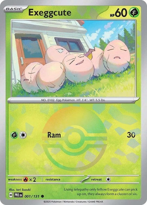 Prismatic Evolutions Exeggcute Pokémon card with Poke Ball pattern, showcasing colorful artwork and detailed design.
