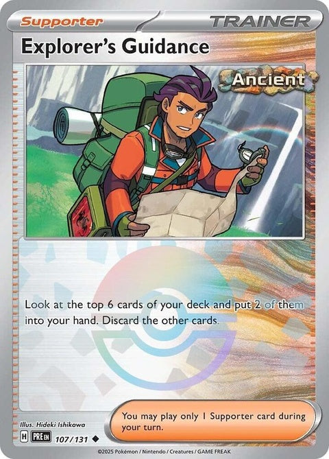 Pokémon Prismatic Evolutions Explorer's Guidance card featuring a Poke Ball pattern with vibrant, colorful design.