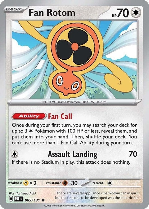 Pokémon Prismatic Evolutions Fan Rotom card featuring Fan Rotom in a vivid, colorful design with electric and fan motifs.