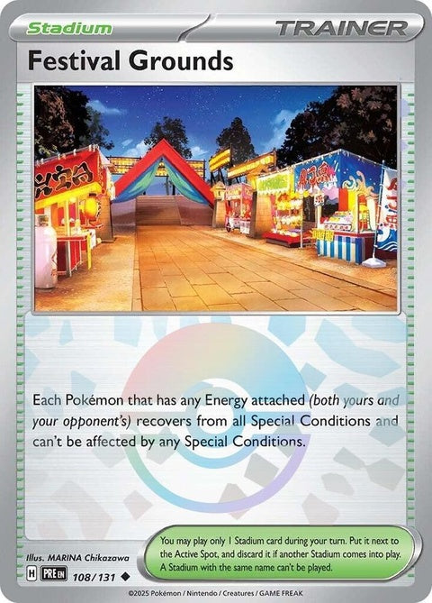 Pokémon Prismatic Evolutions Festival Grounds 108 card with Poke Ball pattern, featuring vibrant colors and collectible design.