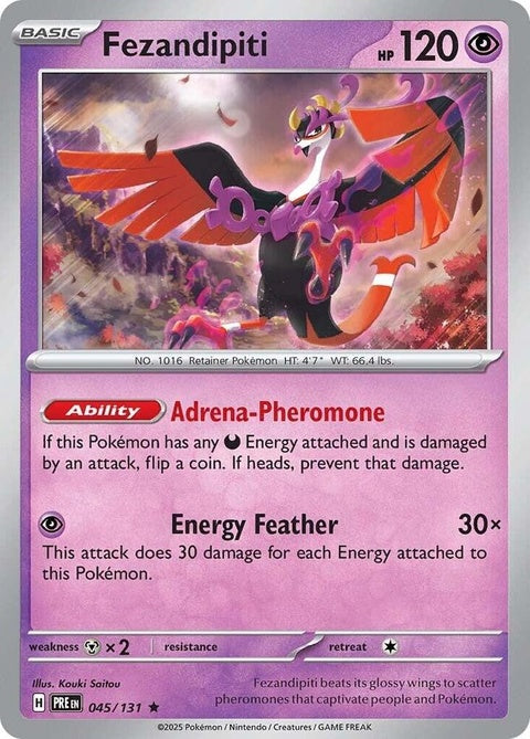 Pokémon Prismatic Evolutions Fezandipiti 45 single card featuring colorful artwork of the Pokémon Fezandipiti.