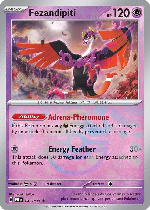 Pokémon Prismatic Evolutions Fezandipiti card with Master Ball pattern, featuring vibrant, holographic design and collectible artwork.