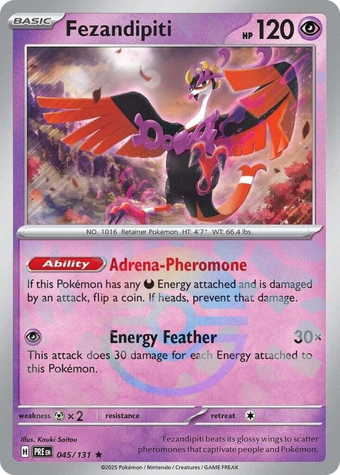 Pokémon Prismatic Evolutions Fezandipiti 45 singles card featuring a vibrant Poke Ball pattern and colorful design.