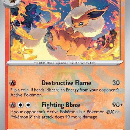 Prismatic Evolutions Flareon Pokémon card featuring a Master Ball pattern, showcasing vibrant artwork and detailed design.