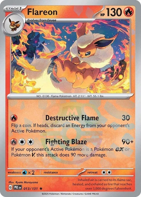 Prismatic Evolutions Flareon Pokémon card featuring a Master Ball pattern, showcasing vibrant artwork and detailed design.