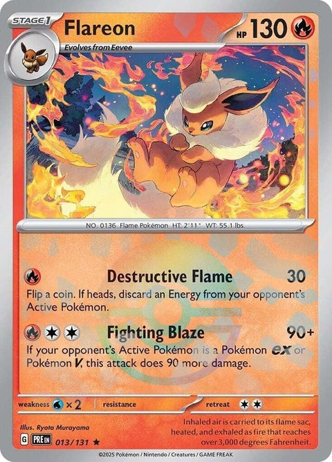Prismatic Evolutions Flareon Pokémon card with Poke Ball pattern, featuring vibrant colors and detailed artwork.