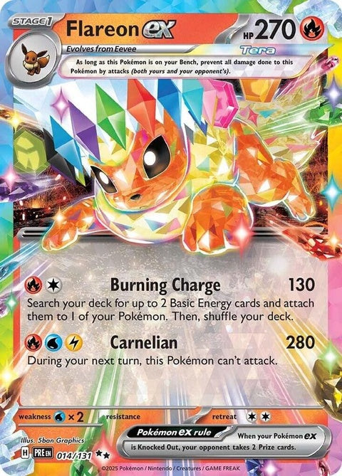 Prismatic Evolutions Flareon EX Pokémon card featuring a fiery Flareon in a vibrant, colorful design.