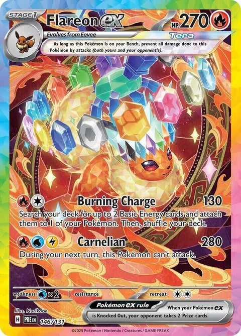 Prismatic Evolutions Flareon EX Pokémon card showing Flareon in vibrant, holographic artwork with detailed fiery design.