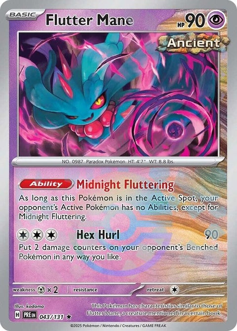Pokémon Prismatic Evolutions Flutter Mane card with Poke Ball pattern, featuring vibrant colors and detailed artwork.