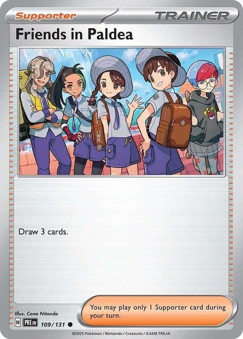 Pokémon Prismatic Evolutions Friends in Paldea trading card from the Singles series, featuring colorful illustration and Pokémon characters.