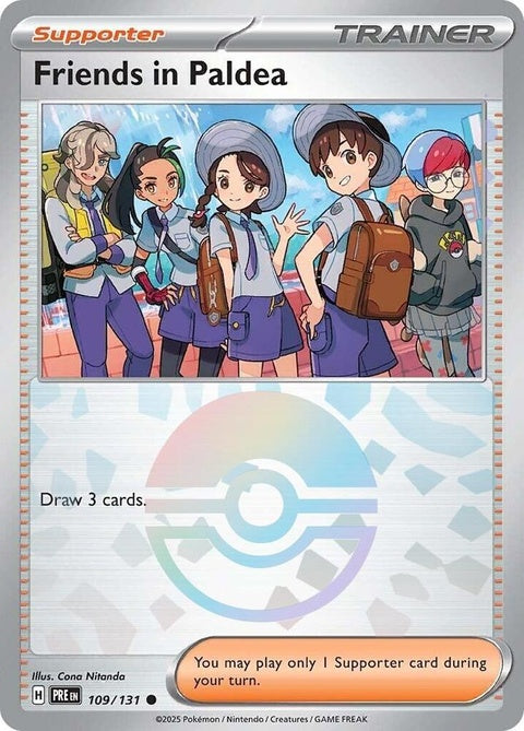 Pokémon Prismatic Evolutions Friends In Paldea card with Poke Ball pattern on a singles trading card.